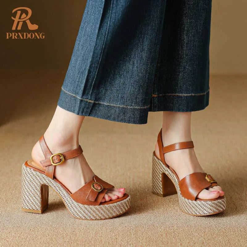 GrabliWorld Women’s Genuine Leather Peep Toe Wedge Sandals Platform Summer Shoes Plus Size 41-42