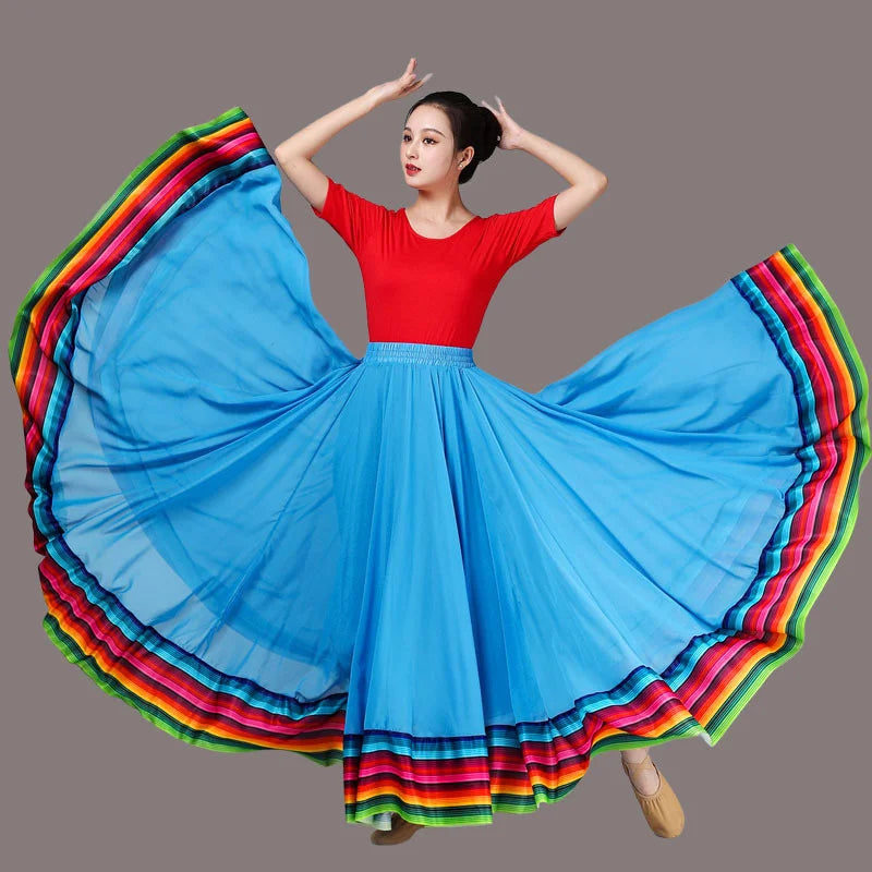Streetwear Elegant Dance Performance Skirt Women Chiffon Skirts Rainbow-edge Elastic-Waist 720-Degrees Square Danc Maxi Skirts