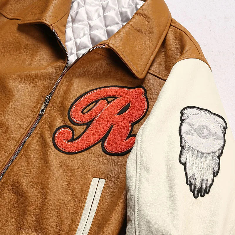Men large size leather jacket flight suit jacket printed big chief embroidery casual sports yellow cowhide leather jackets tops