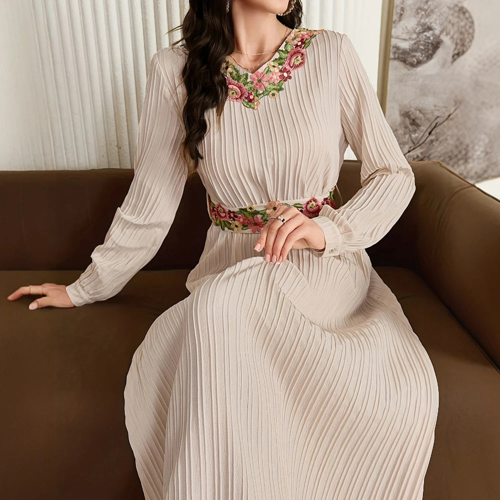 Rafiah Women's Dresses Autumn Winter Elegant 2025 Floral Folds Long Sleeve Round Neck A-Line Midi Vacation Long Dress