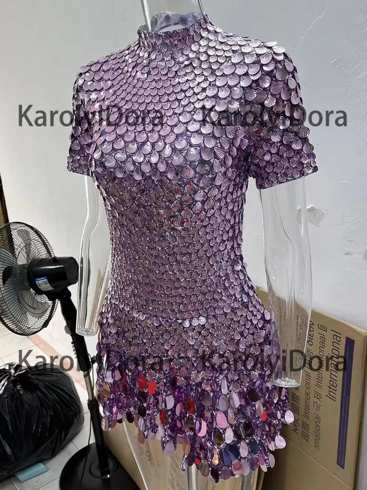 Sexy Black Shell Sequins Mini Dress Nightclub Dance High Quality Performance Clothing Bodysuit Birthday Red Dresses