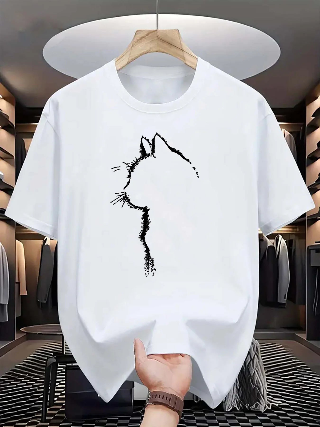 Summer men's 100% pure cotton casual sports loose cat pattern printed comfortable round neck short sleeved T-shirt top