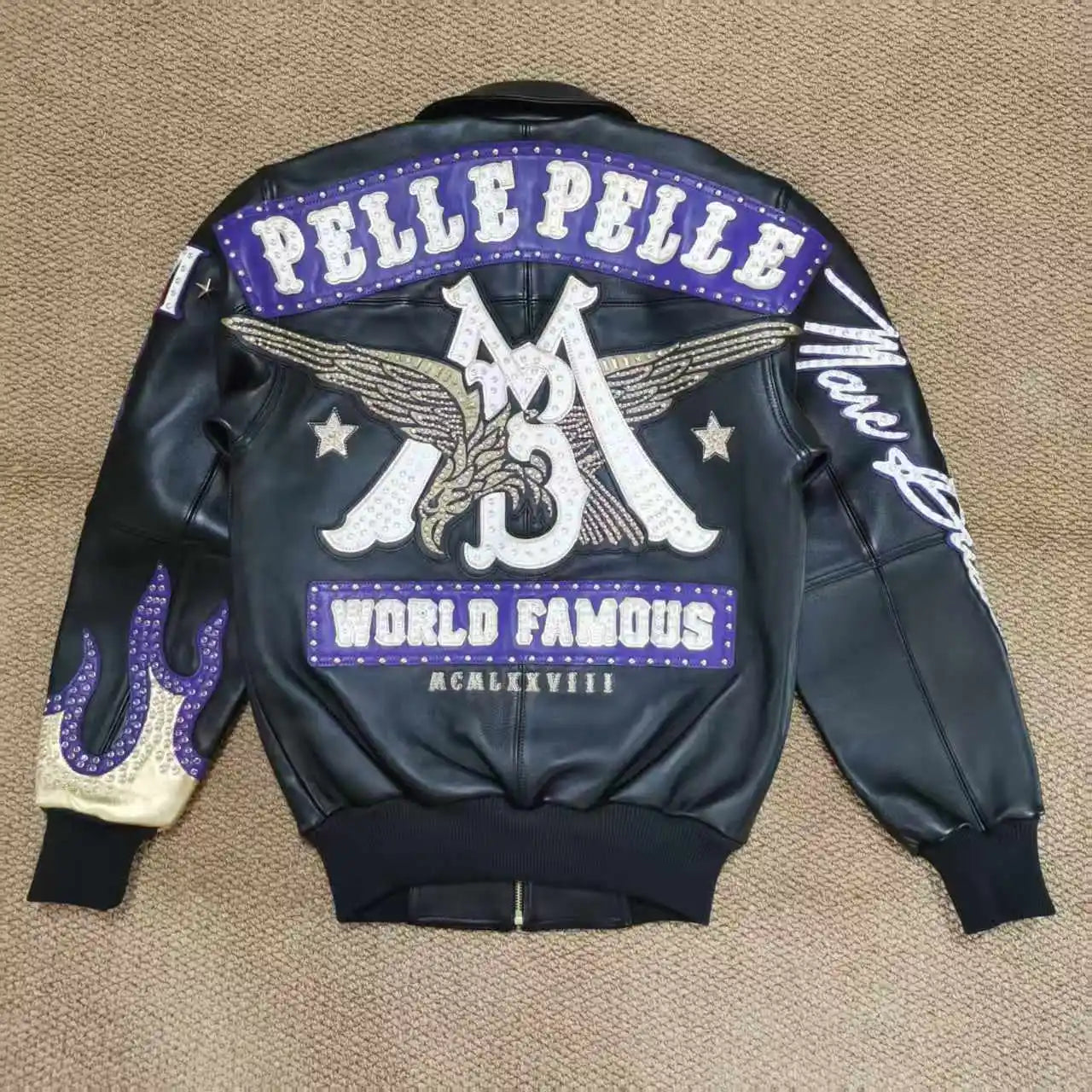 US size men's Hip Hop Sheep skin Varsity Jacket Embroidered Diamond Classic Casual Sport genuine leather Coat tops