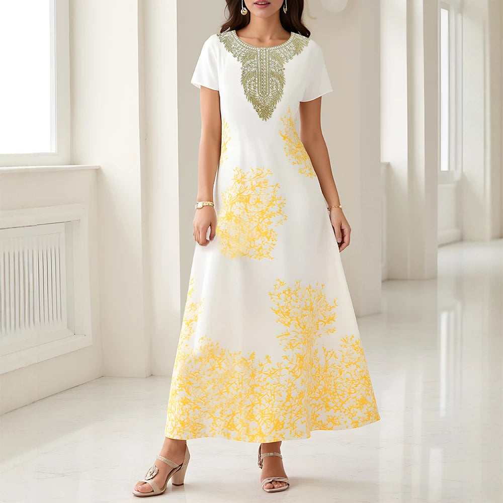 Rafiah Summer Long Arabian Dress 2025 Casual Daily Graphic Printing Short Sleeve Round Neck A-Line Shift Dresses
