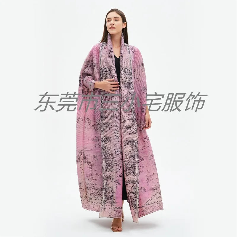 KAF Pleated Women Loose Plus Size Trench Coat 2024 Autumn New Vintage Printed Cardigan Design Arab Female Luxury Abaya