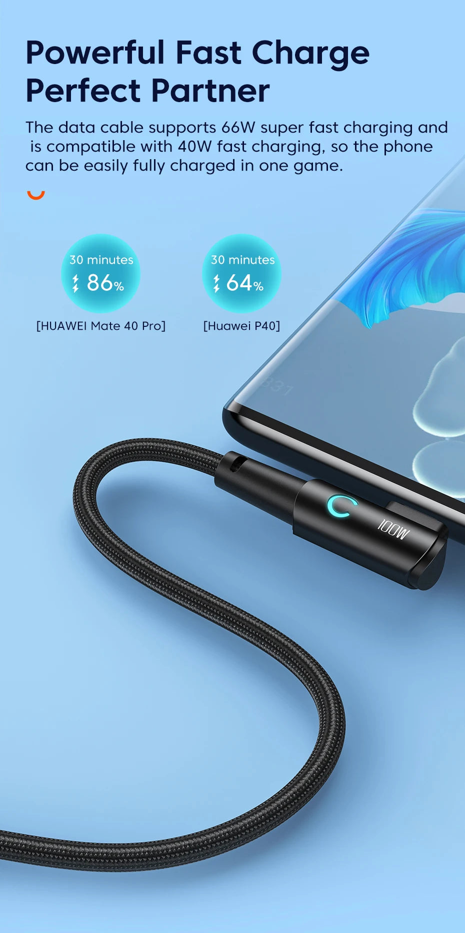 كابل Toocki 6A USB C بزاوية 90 درجة لشحن سريع 100 واط لهاتف OPPO وHonor وHuawei وOneplus وRealme وسلك بيانات الشاحن