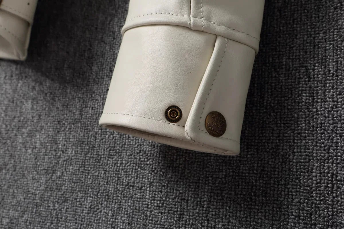 Men's Genuine Leather Jacket White Lapel Calfskin Jacket Natural Cowhide Men's Coat Slim Fit Top Layer Cowhide Biker Jacket