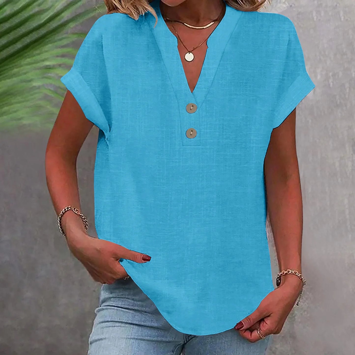 Cotton Linen Short Sleeved Breathable Shirt Summer Solid Color Fashion Stand Up Collar Button Down Women's Casual Office Shirt