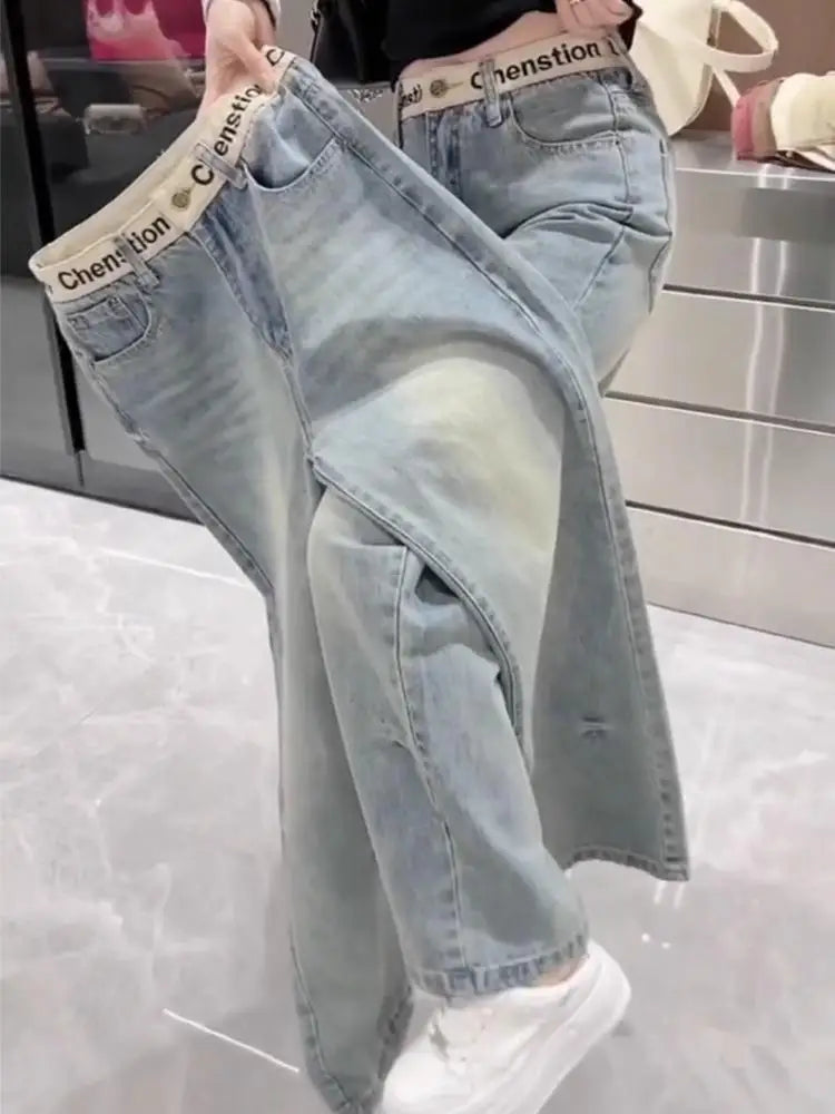 Slim Straight Jeans Women's New 2025 Summer Slimming Floor-Length Pants plus Size Versatile Embroidered Meat Concealing Wide ...