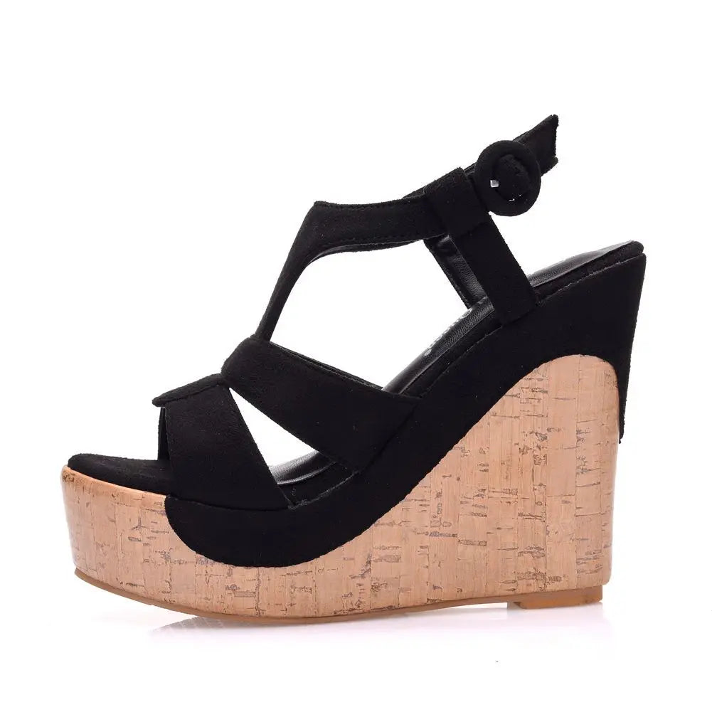 Women’s Summer Flock Sandals – 12CM Wedge Heels with Buckle Strap, White