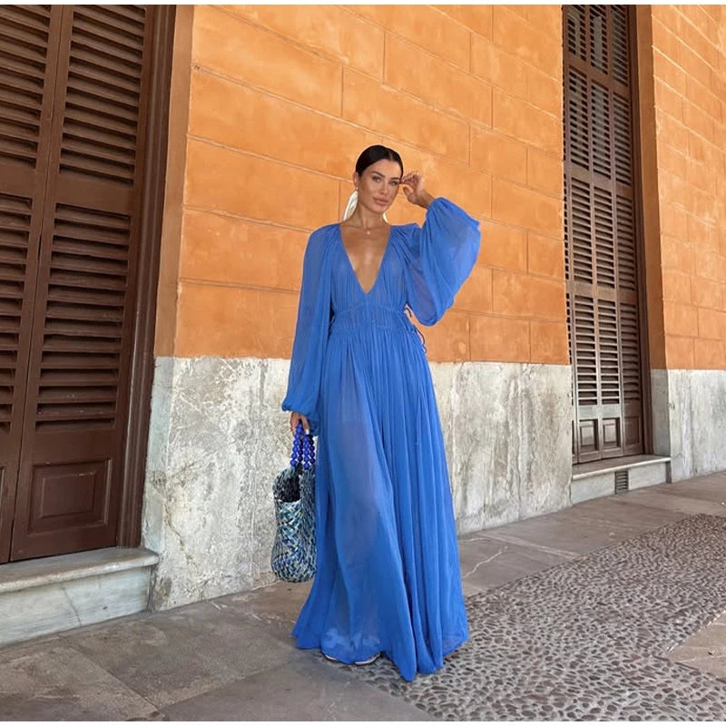 Elegant Pleated Lantern Sleeve Mid-Calf Dress – Women’s O-Neck Holiday Beach Outfit