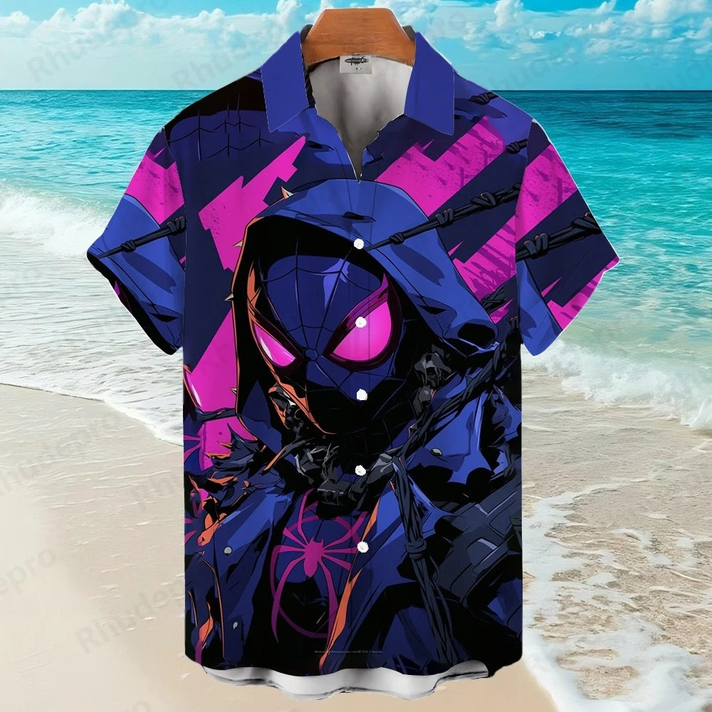 Disney Spider-Man Superhero Cartoon Hawaiian Shirt Print Men's Lapel Short Sleeve Single Shirt Casual Trendy Versatile
