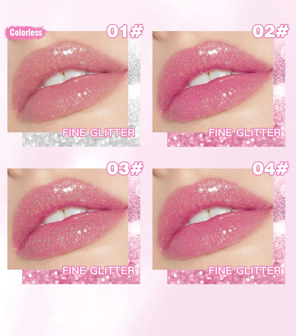 QIBEST Glitter Lipstick Lip Balm Color Change Transparent Moisturizing Crystal Jelly Pearlescent Lip Plumper Gloss Tint Cosmetic