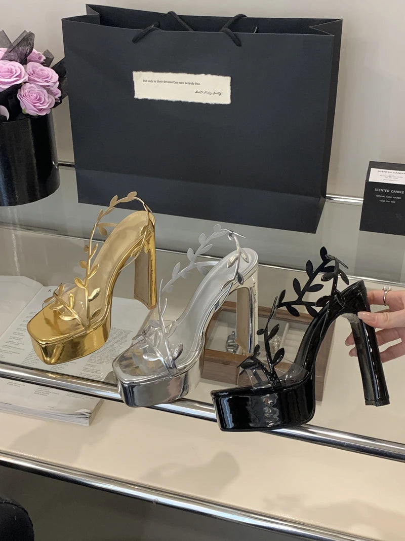 Women’s 13cm Gold Platform Heeled Sandals – Silver Leaves PVC Transparent Party Dress Shoes