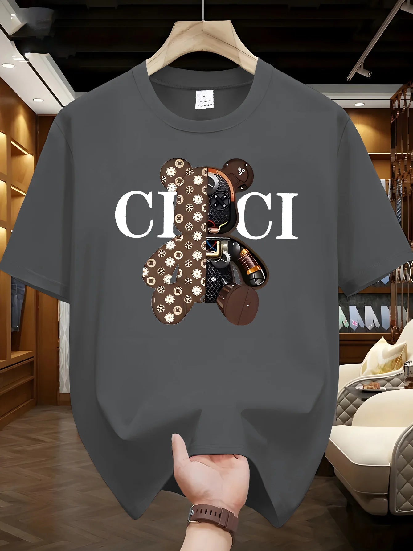 Men's summer 100% pure cotton fashionable casual loose brown mechanical bear cartoon printed round neck short sleeved T-shirt