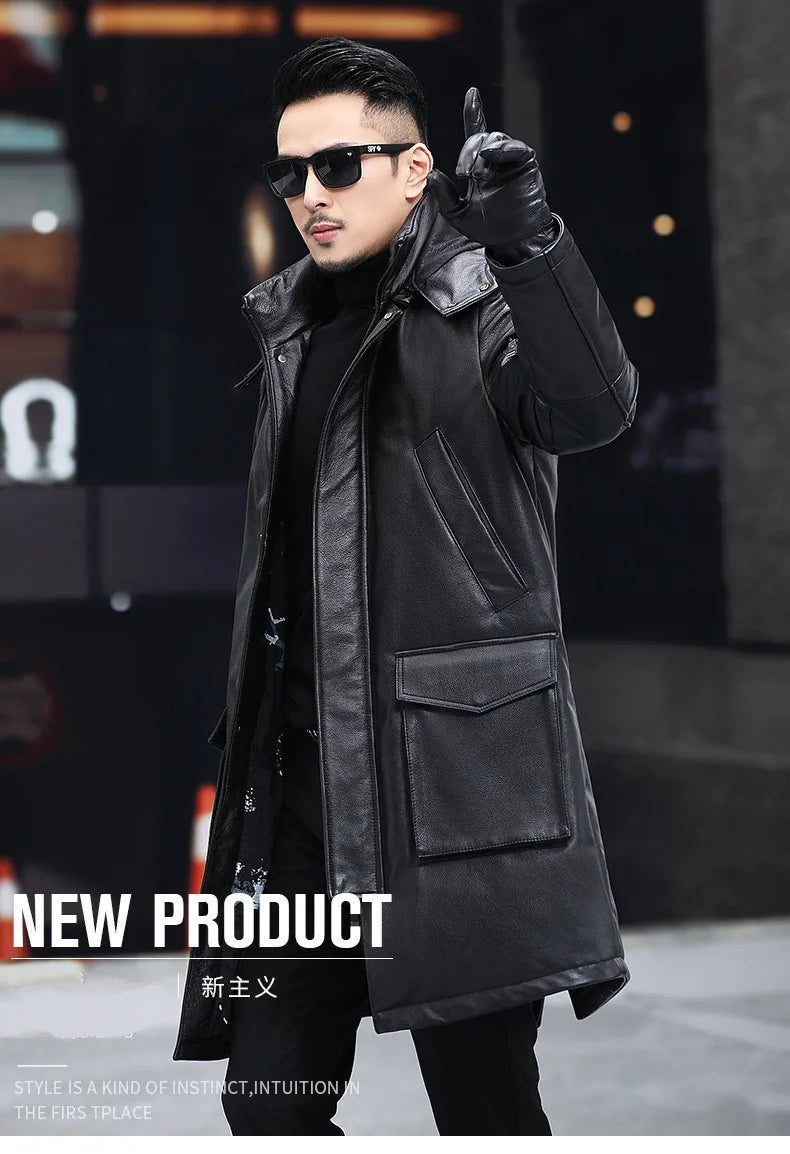 Men's Leather Down Coat, Mid Length, Hooded, Thick Warm Jacket, Large Size Outerwear, Business Male Coat, Winter