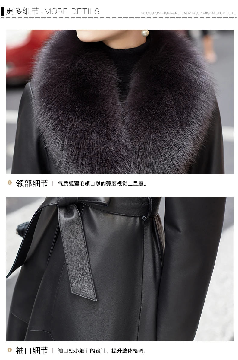 YOLANFAIRY Genuine Leather Down Jacket for Women Elegant Long Coat Women's Winter Jacket Slim Fox Fur Collar Sheepskin Clothes