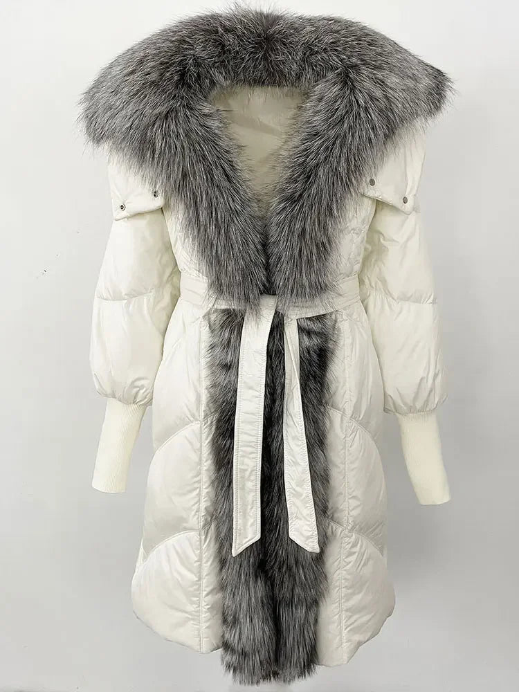 2025 Autumn Winter Women Coat Real Natural Fox Fur Long Down Jacket Thick Warm Casual Hooded White Duck Down Elegant Overwears