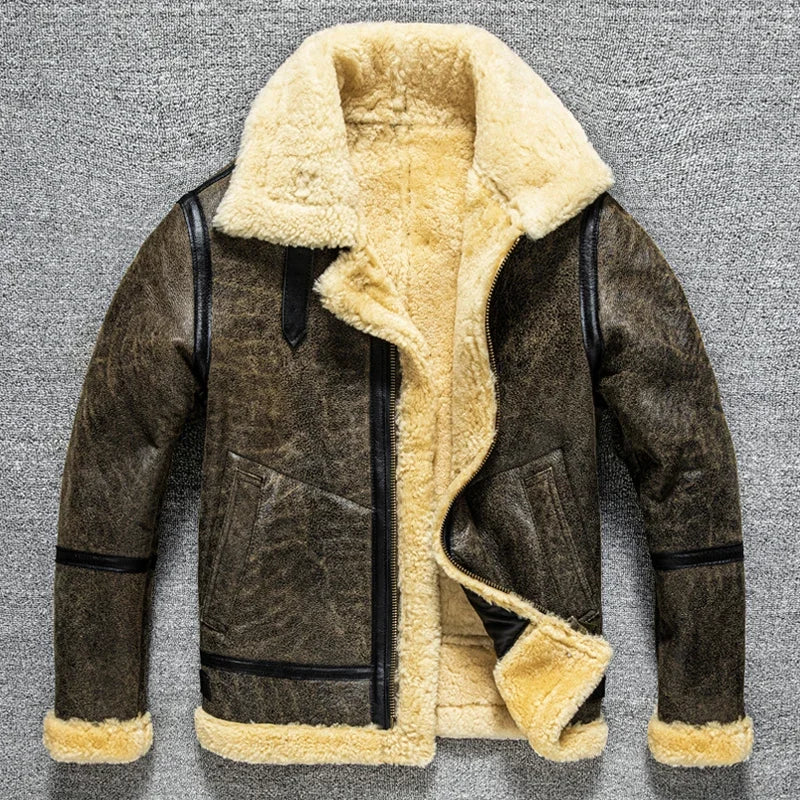 2025 Winter High Quality Genuine Leather Jacket Men's B3 Sheepskin Thick Fur Leather Coat Warm Motor Biker Jackets For Men 6XL