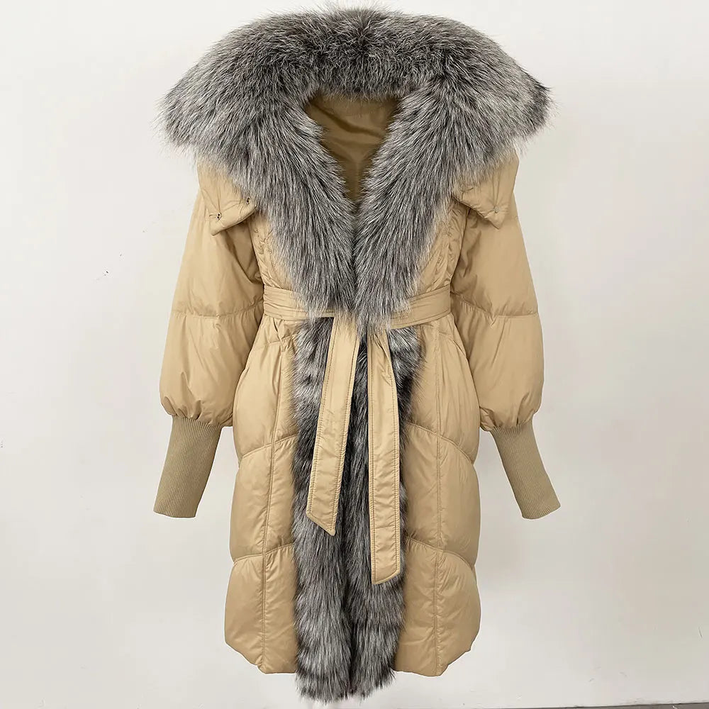 2025 Autumn Winter Women Coat Real Natural Fox Fur Long Down Jacket Thick Warm Casual Hooded White Duck Down Elegant Overwears