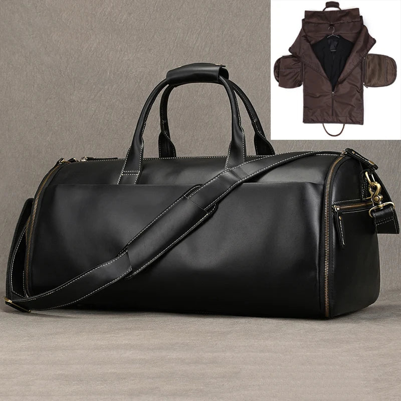 Crazy Horse Leather Folding Suit Bag Man Business Travel Bag With Shoe Pocket Clothes Cover Luggage Duffel Bag Man Bag For Suits