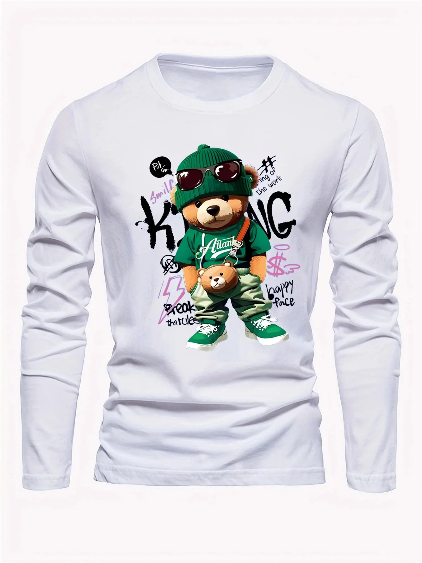 Men's 100% pure cotton loose and comfortable sports casual fashion cartoon bear print round neck long sleeved T-shirt top