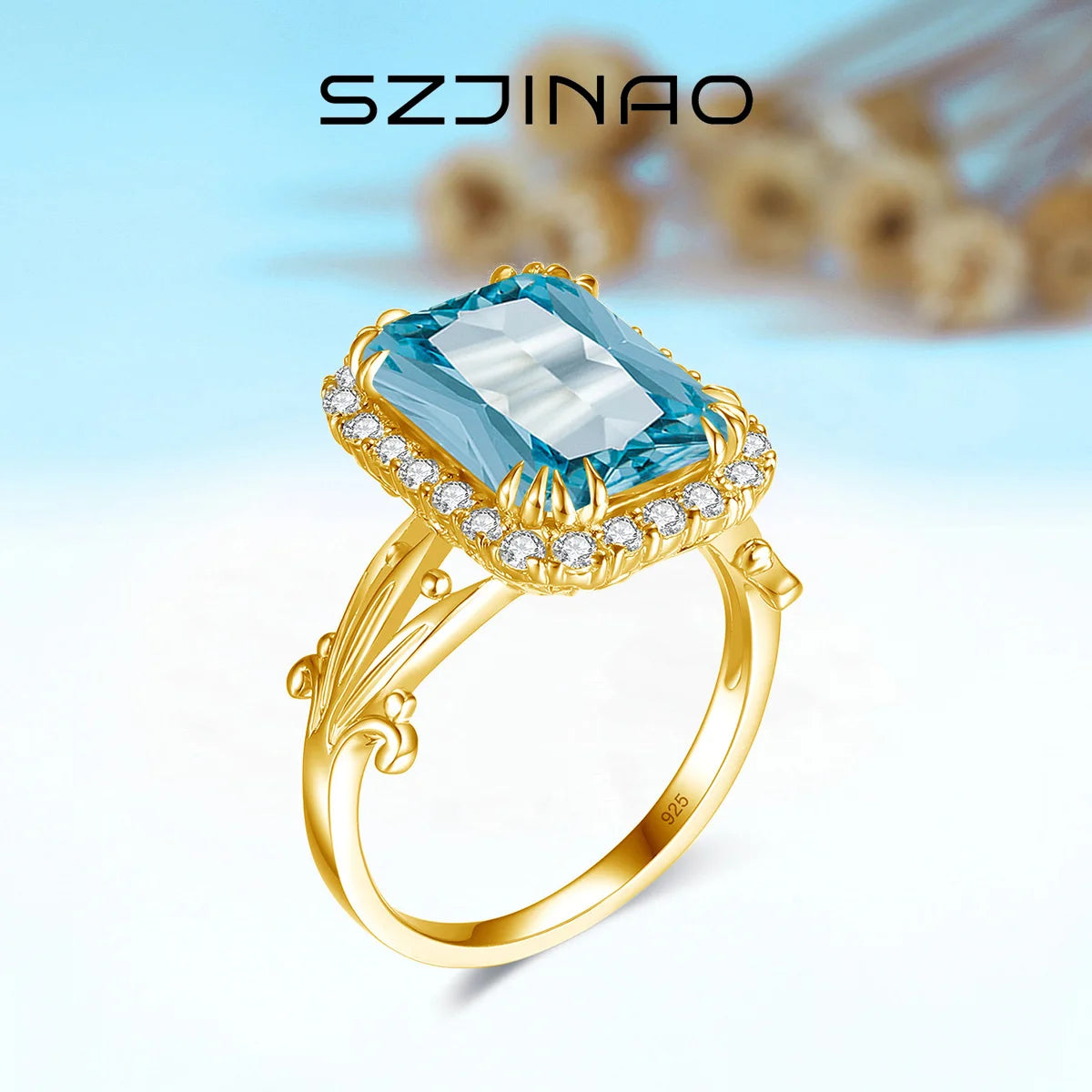 Szjinao High Quality Woman Ring 925 Sterling Silver Aquamarine Rings Gold Plated Luxury Elegant Banquet Party Fine Jewelry