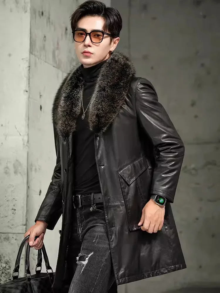 Men Luxury Business Winter Work Mid Long Thick Warm Down Coat Fur Collar Single Breasted Sheepskin Genuine Leather Jacket Trench