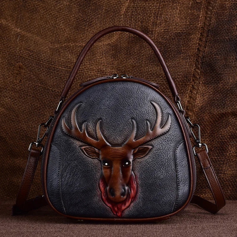 MOTAORA New Embossed Cowhide Shoulder Bag For Women Fashion Small Deer Head Crossbody Bags Chinese Style Genuine Leather Handbag