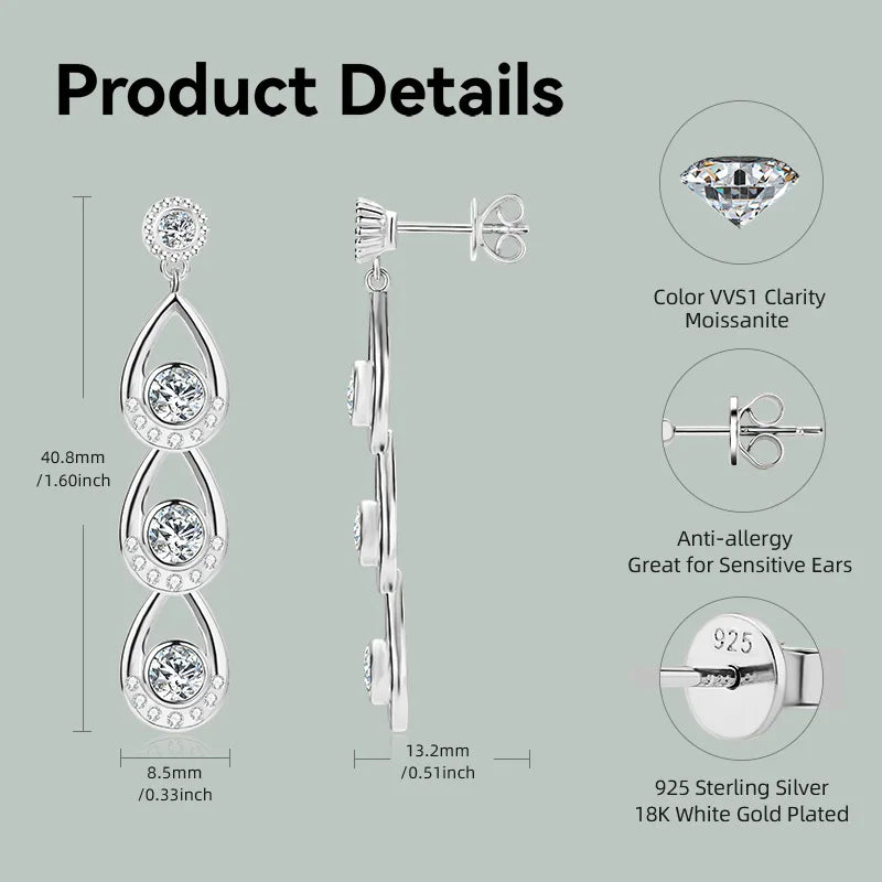 Lnngy 925 Sterling Silver 4mm&3mm Moissanite Drop Earrings For Women Girl Exquisite Tassel Chain Earring Wedding Jewelry Gift