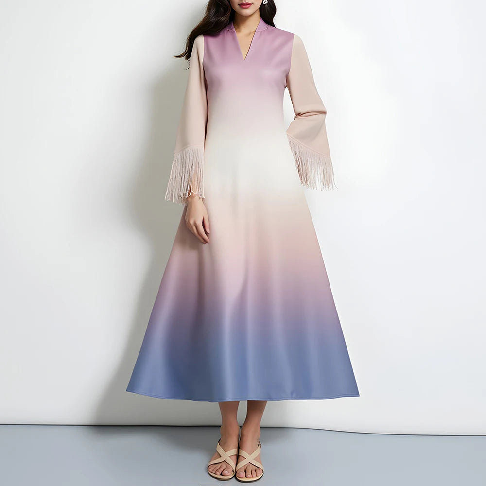 Rafiah Women's Dresses Summer Elegant Decent 2025 Gradient Tassel Long Sleeve V-Neck Midi A Line Casual Long Dress