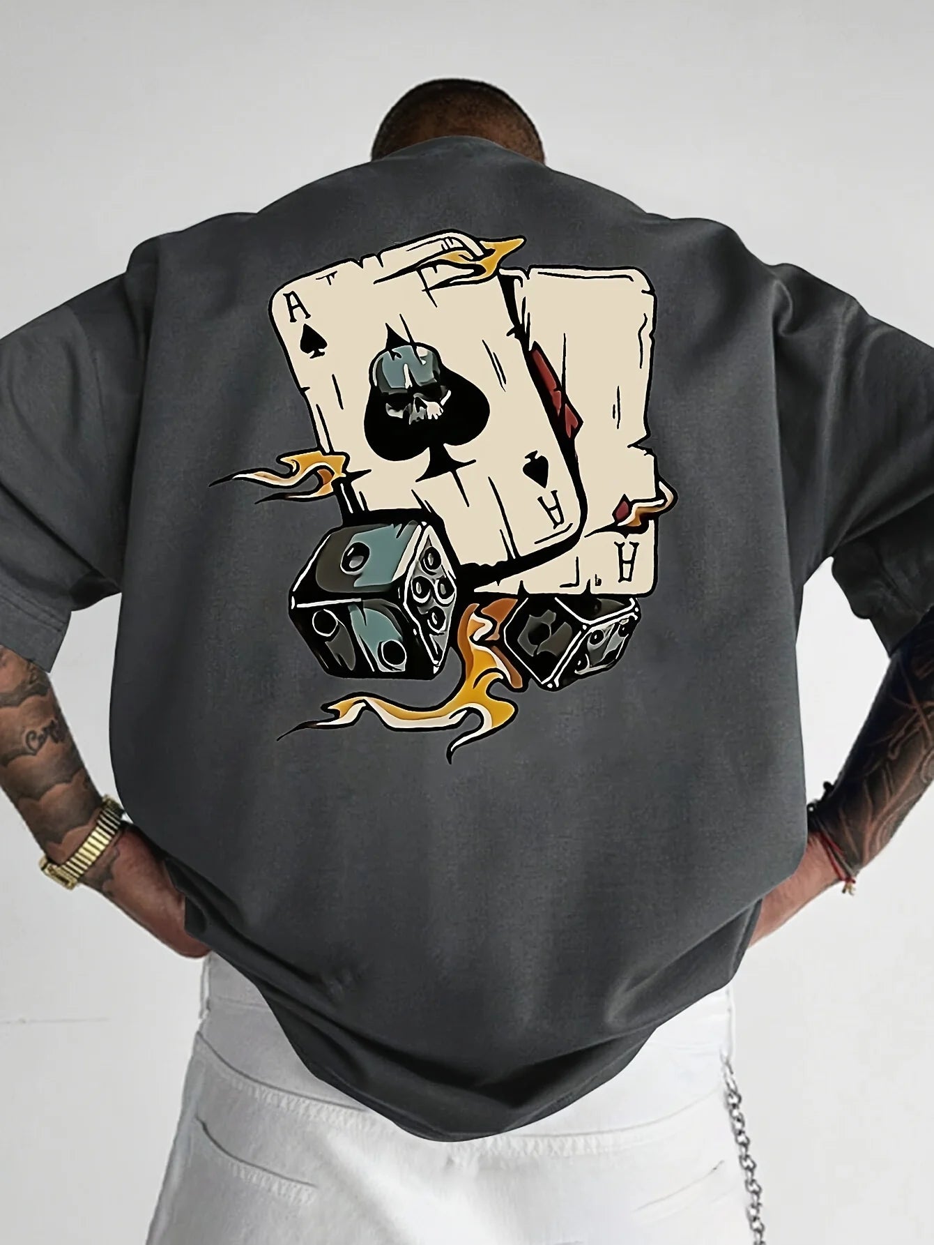 Men's summer 100% pure cotton fashionable casual loose spade a and dice printed round neck short sleeved T-shirt top