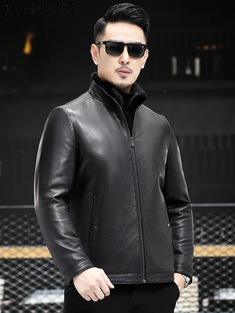 AYUNSUE 100% Real Goatskin Men Leather Jacket Stand Collar Detachable Down Liner and Mink Fur Liner Jackets Winter Mens Fur Coat