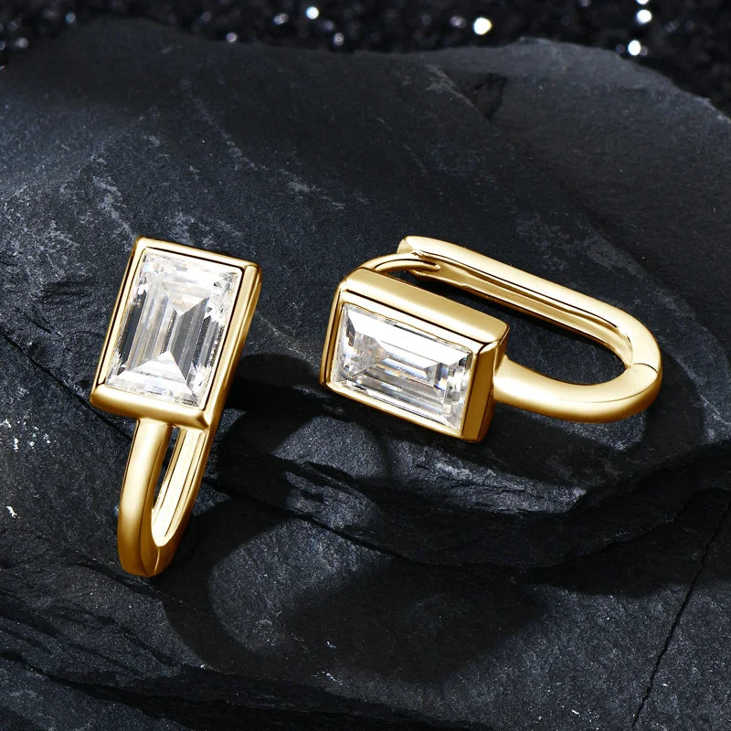 Lnngy 925 Sterling Silver U-shaped Hoop Earrings Emerald Cut 5*7mm Moissanite Earring For Women Girls Korean INS Jewelry Gift