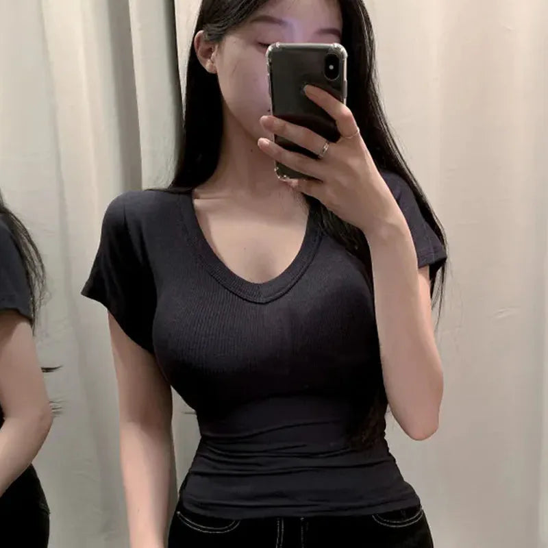 Faionable V-ne Tight-fit ort-sved T-irt Women's Inner Wear Body-a Tool Dongda Gate Modal Knitted Top