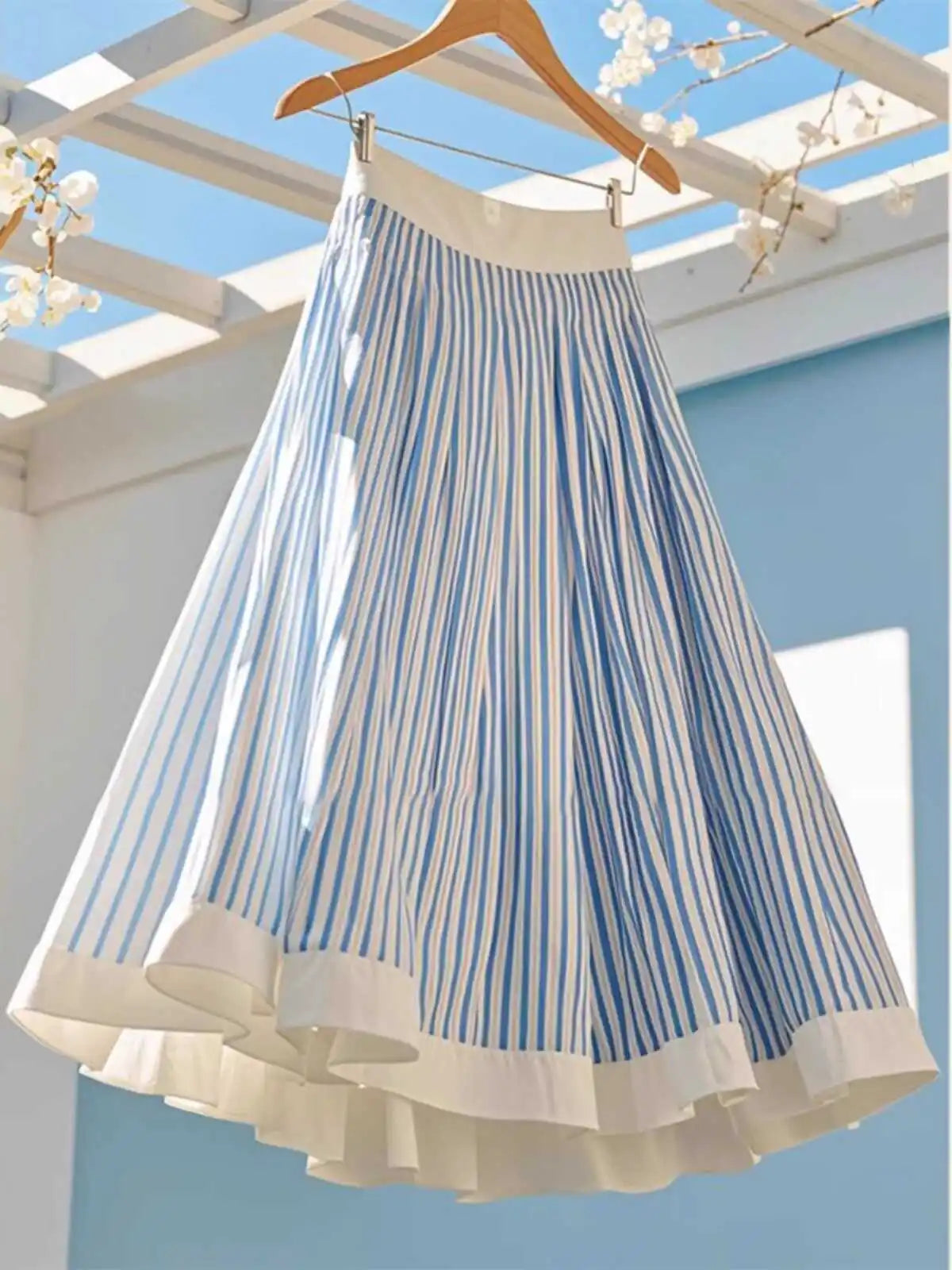 Outlet Store Blue Striped A-Line Midi Skirt Ele Ladylike Sle Korean Faion High Waist Commuter Pattern Other Material