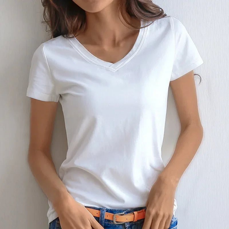 Women Short Sleeves T-shirt Bottoming Shirt Round Neck or V Neck Shirt Black White Solid Color Top Homewear T-shirt