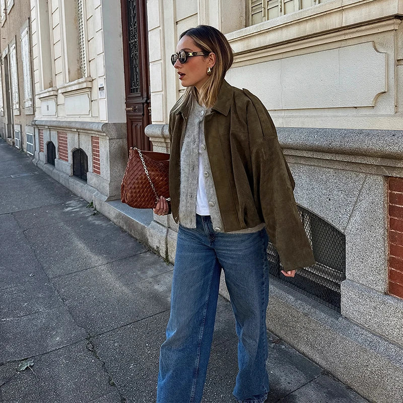 Street Women's Suede Bomber Jacket Fashion Lapel Zipper Full Sleeve Female Coats 2025 Spring Lady Casual Commute Vintage Outwear