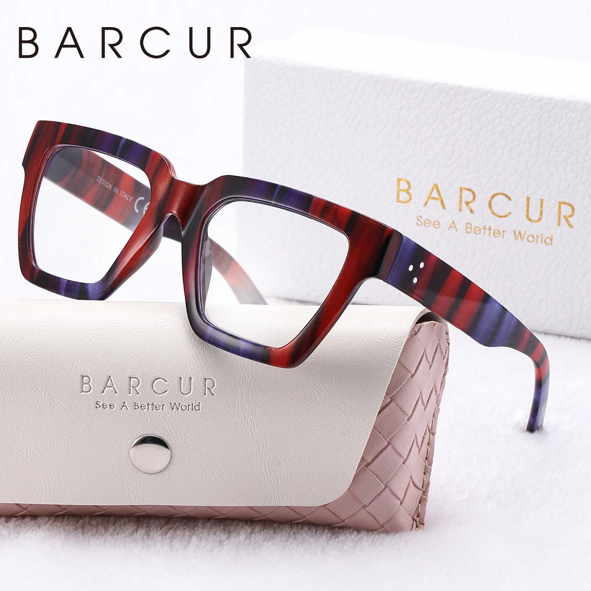 BARCUR Women Large Frame Pink Reading Glasses PC Square Thick Frame Reading Multiple Degree Optional Men Glasses White Gift Box