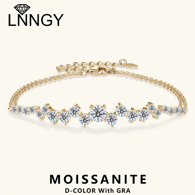 Lnngy Moissanite Bracelet With Certificate 925 Sterling Silver Adjustable Double Chain Bracelets for Women Wedding Jewelry Gift