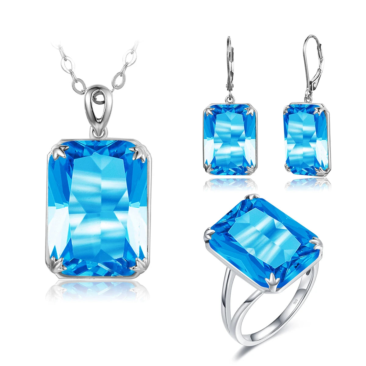 Classic Jewelry Sets for Women 18K Gold Plated Aquamarine Ring Earrings Pendant Silver 925 Anniversary Wedding Quality Gifts