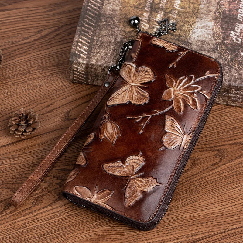 MOTAORA 2025 New Genuine Leather Women Wallet Vintage Embossed Long Purse For Women Hand Painted Butterfly Wallet ID Card Holder