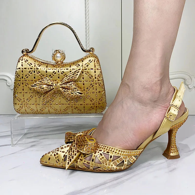 Pointed Toe Pumps & Bag Set – Italian Design, Full Diamond Bling, High Heel Party Shoes