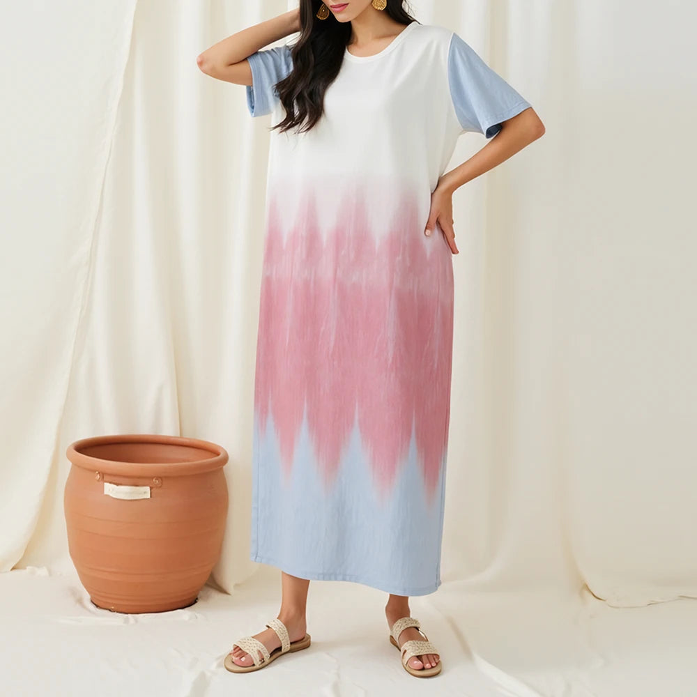 Rafiah Women's Summer Arabian Dress 2025 Modest Fashion Gradient Short Sleeve Round-Neck Midi Daily Shift Dresses