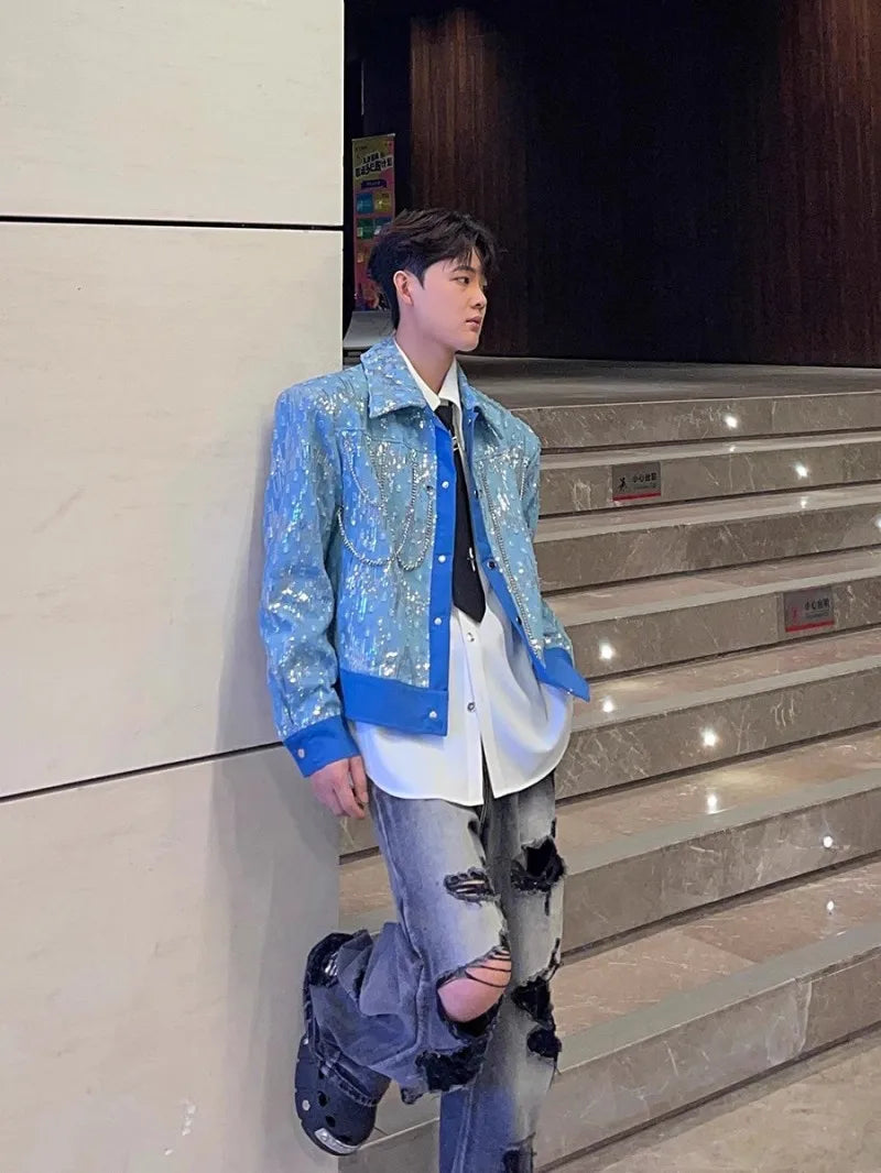 Mens Blue Denim Jacket Fashion Sequined Chain Turn-Down Collar Spring Autumn Short Coat Single Breasted Casual Outerwear Male