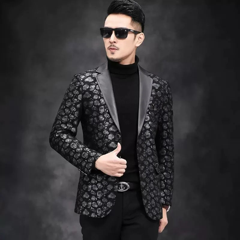 New Designer Business Men Work Floral Printed Blazer Suit Coat Autumn Slim Fit Single Breasted Sheepskin Genuine Leather Jacket