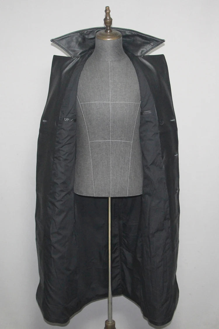 Men's Leather Trench Coat, Genuine Cowhide, Double Breasted, Extended Length Trench Long Coat Windproof Belt, Autumn Winter,6XL