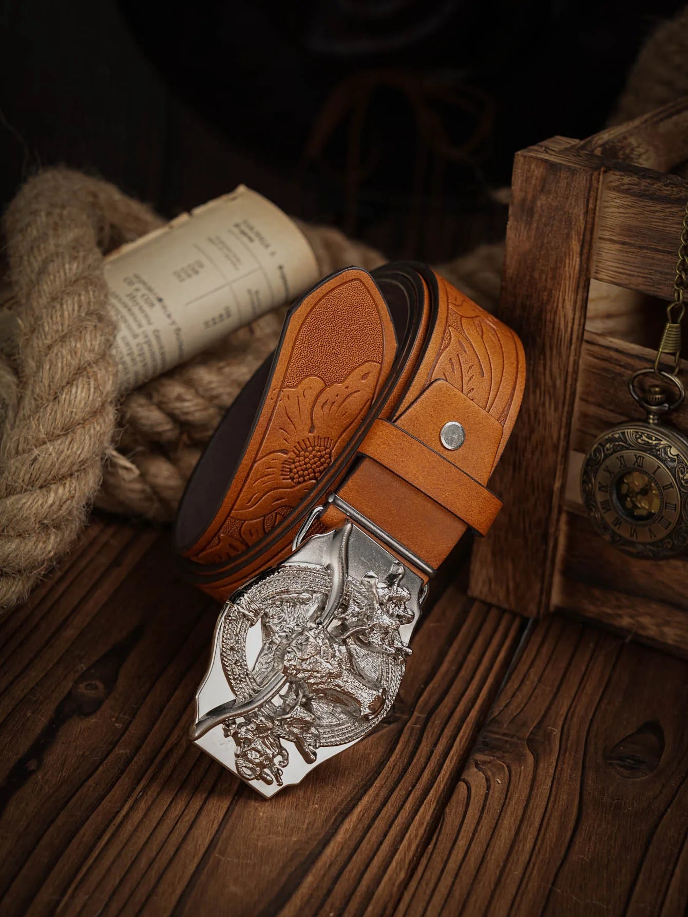 Western Cowboy PU Leather Belt - Men Waist Strap Bull Decoration Floral Engraved for Jeans