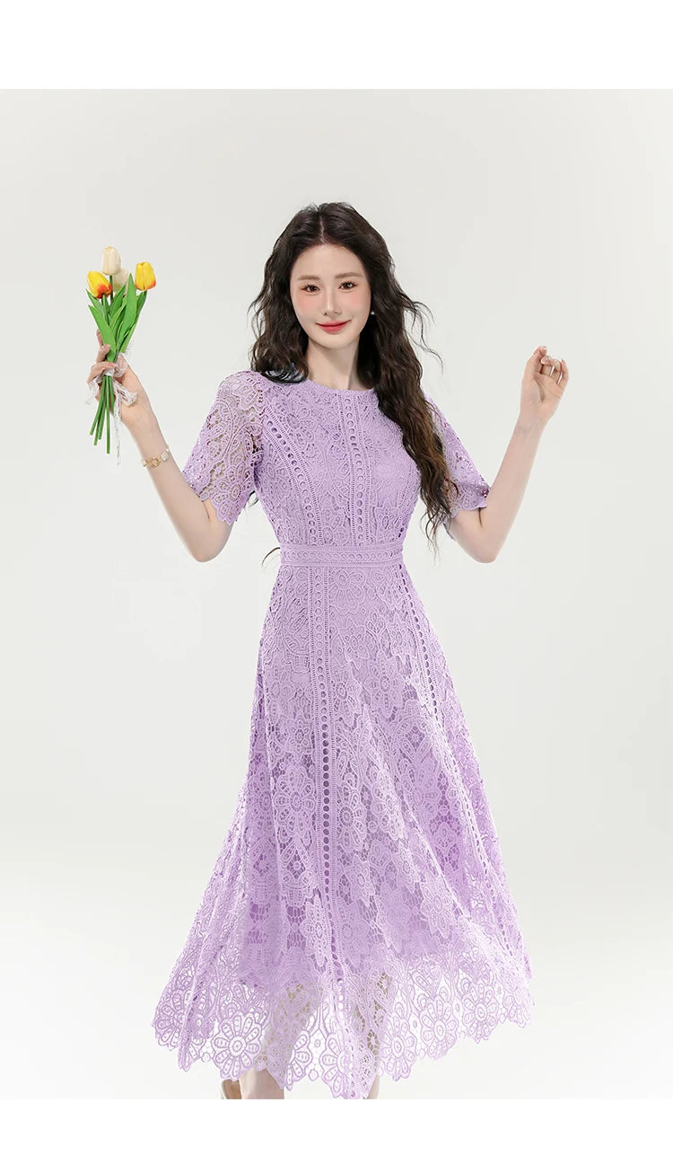 2025 New Summer French Elegant Fashion Evening Dress Women Lace Hollow Out Crochet Party Dress Casual Chic Holidays Clothing