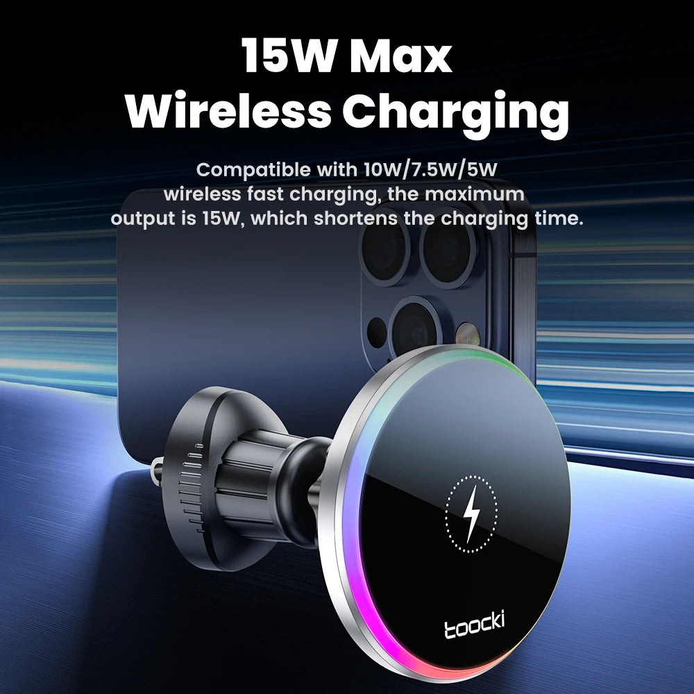 Toocki RGB Magnetic Car Phone Holder 15W Wireless Charger Car For iPhone 15 14 13 Pro Max Samsung Phone Car Charger Holder Stand
